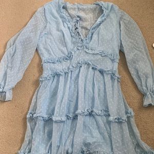 blue ruffle dress open back with button and zipper closure